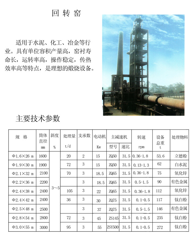 回转窑技术参数